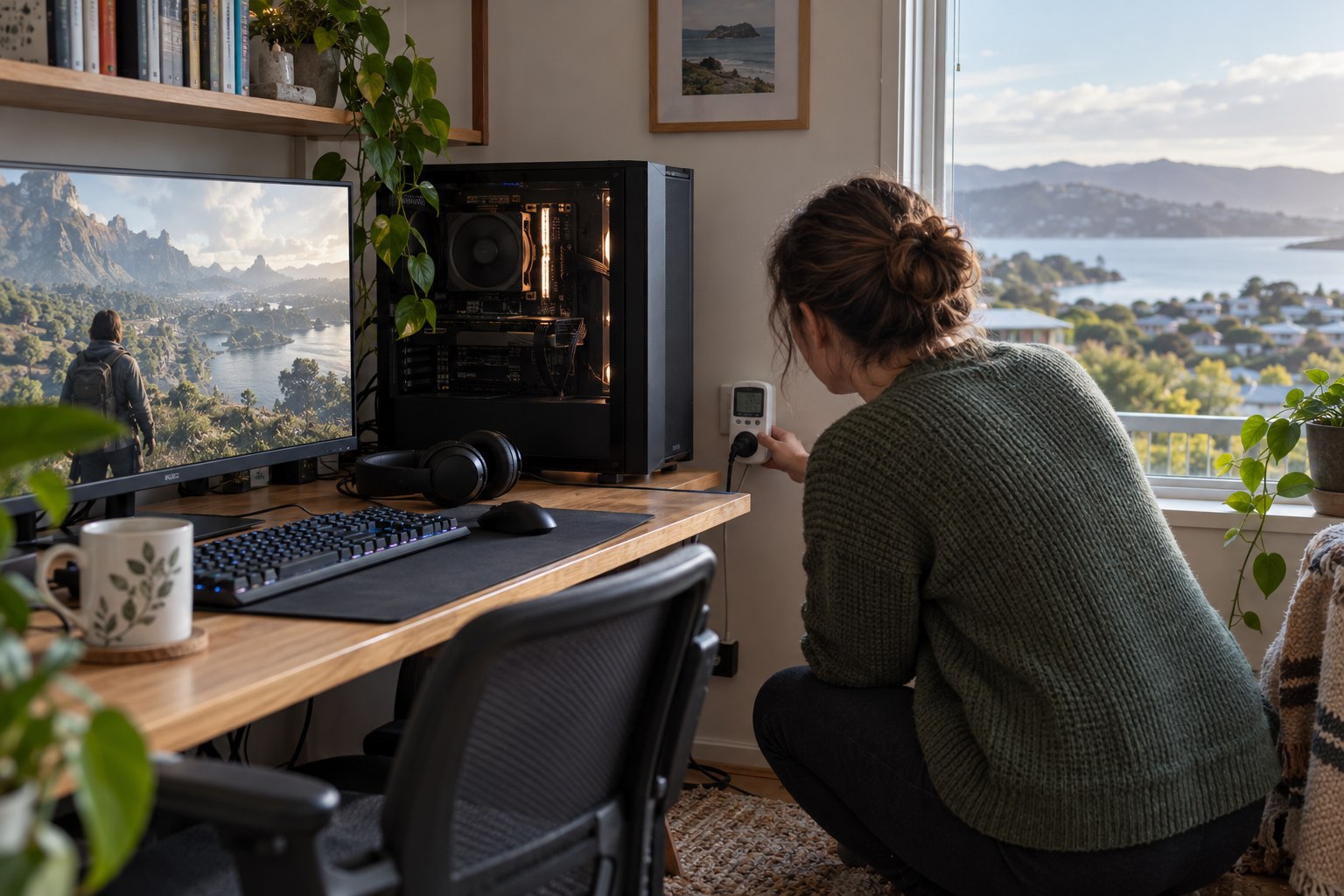 Person seated at a computer desk beside a city-facing window