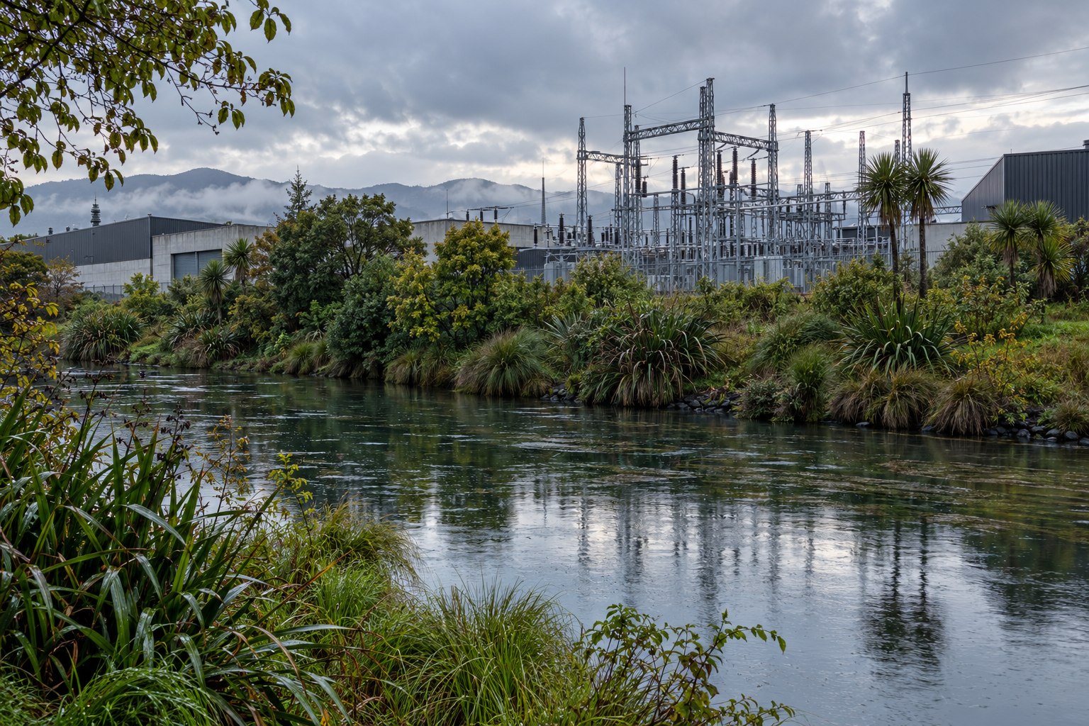River and wooded hills beside utility infrastructure