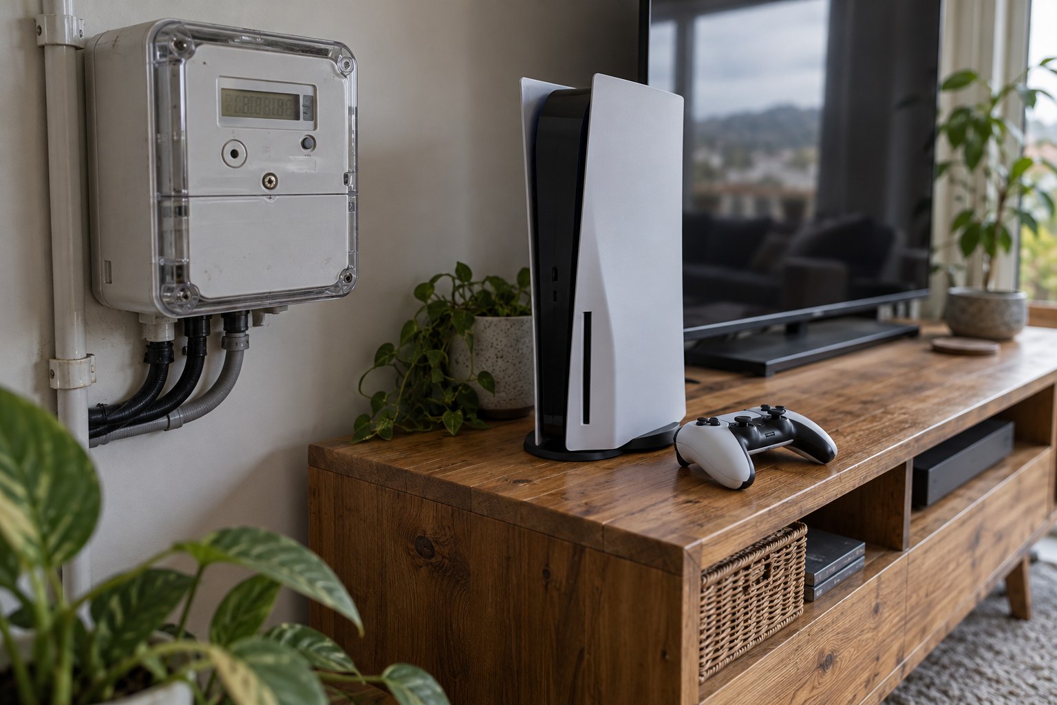 Game console and controller beside a household electricity meter