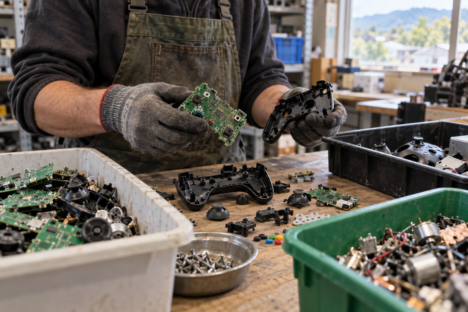 Worker sorting small electronic parts at a repair and recycling bench