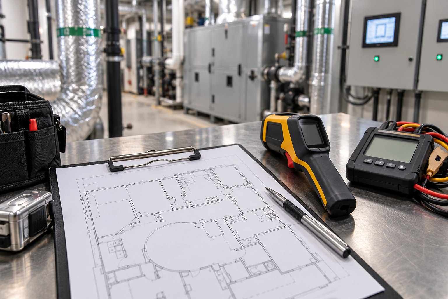 Floor plan and measuring tools on a workbench in a casino building