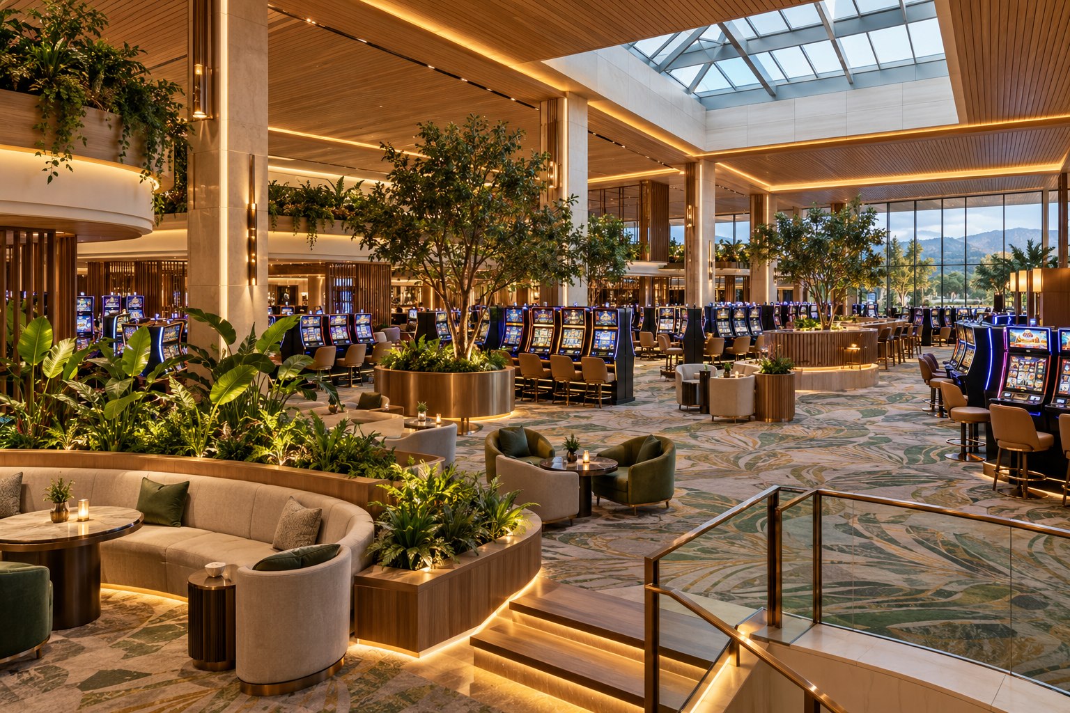 Bright venue lounge with indoor greenery and a glass ceiling
