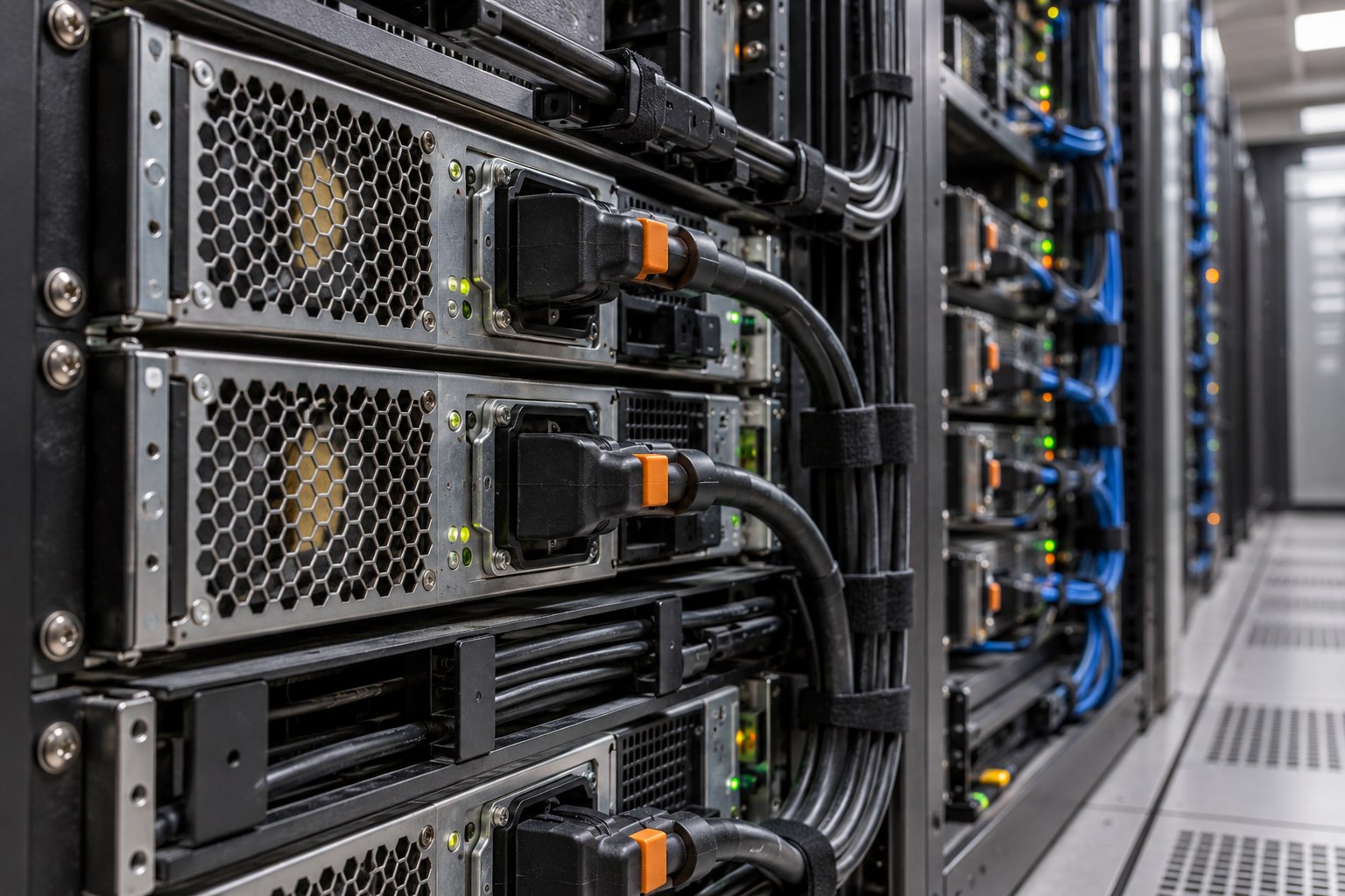 Rows of servers and network equipment in a data centre