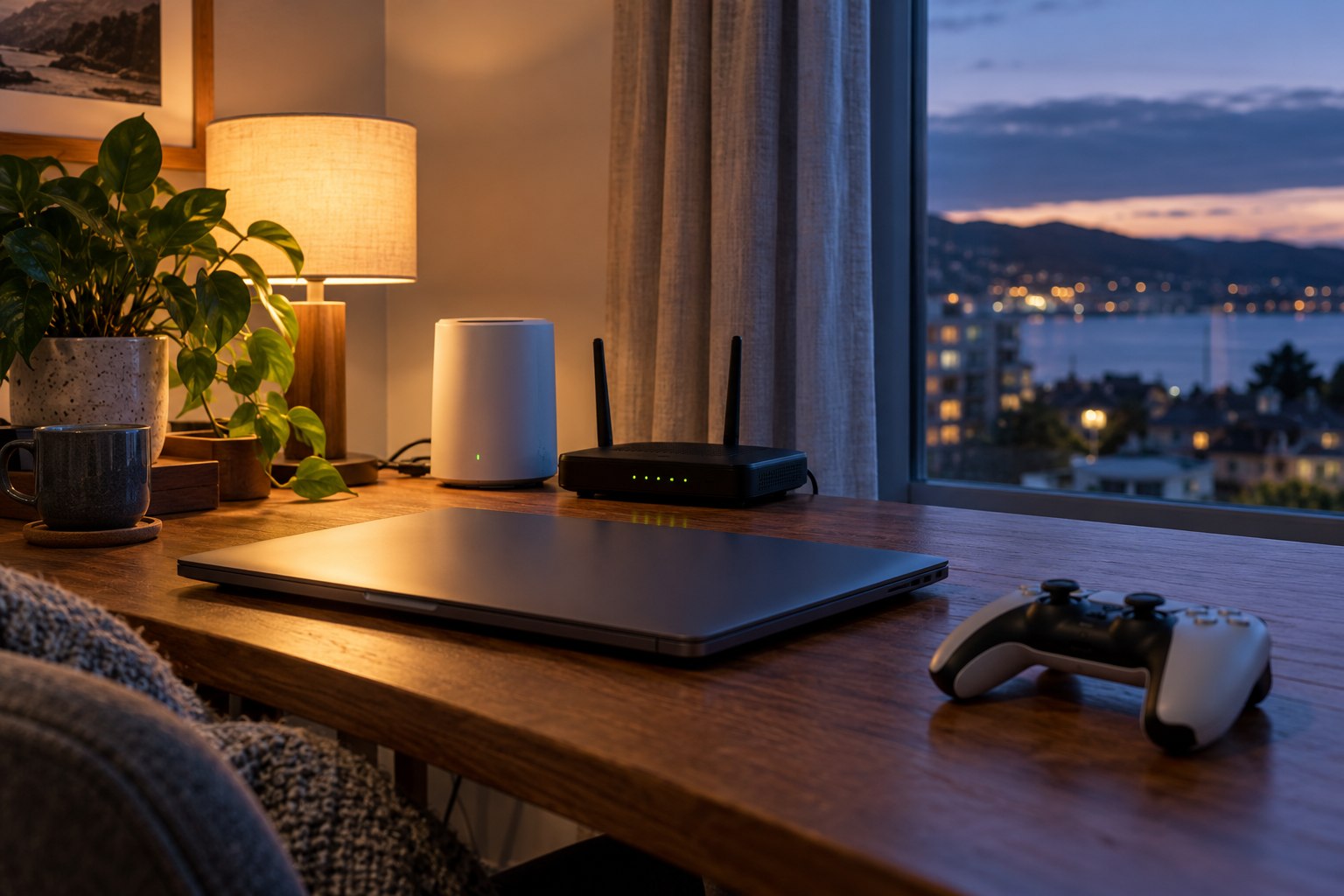 Game console and smartphone in a living room at dusk