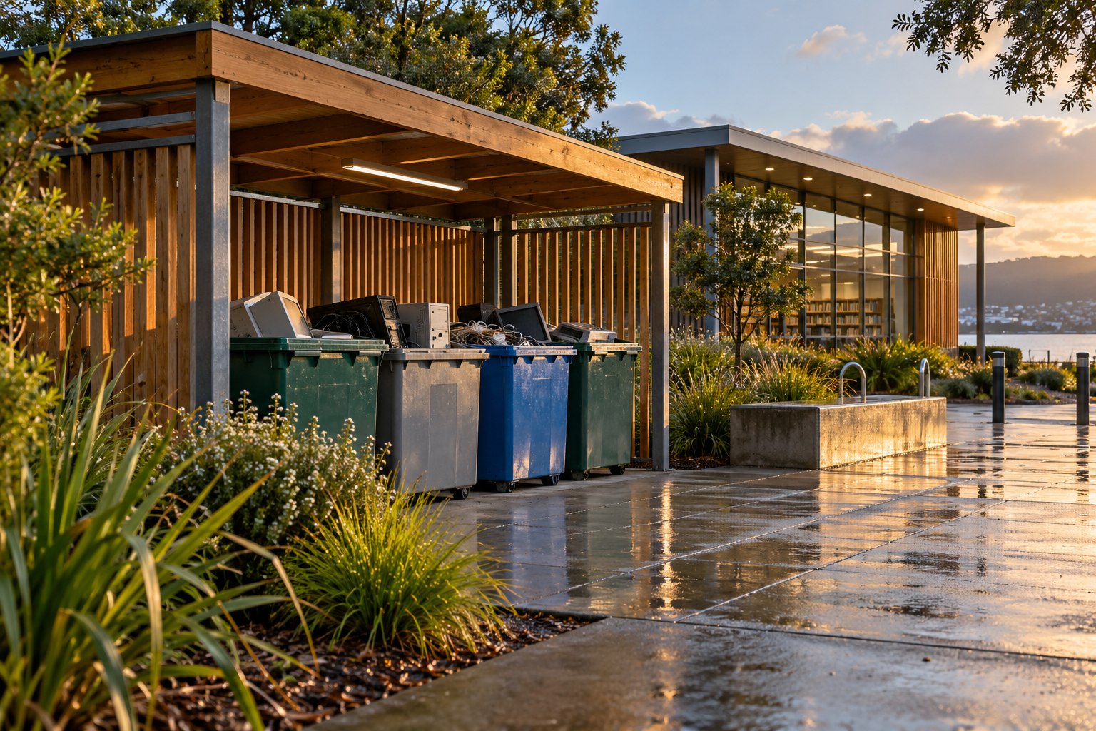 Outdoor electronics collection area beside a planted-roof building