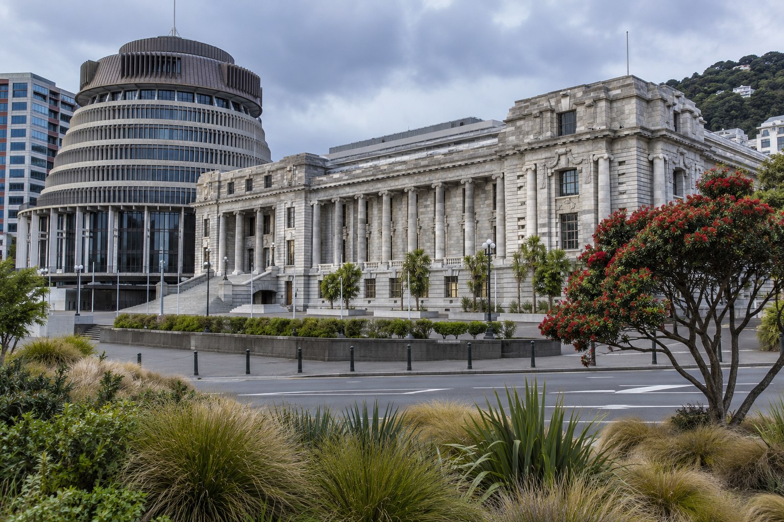 Civic building framed by landscaped grounds and modern paving