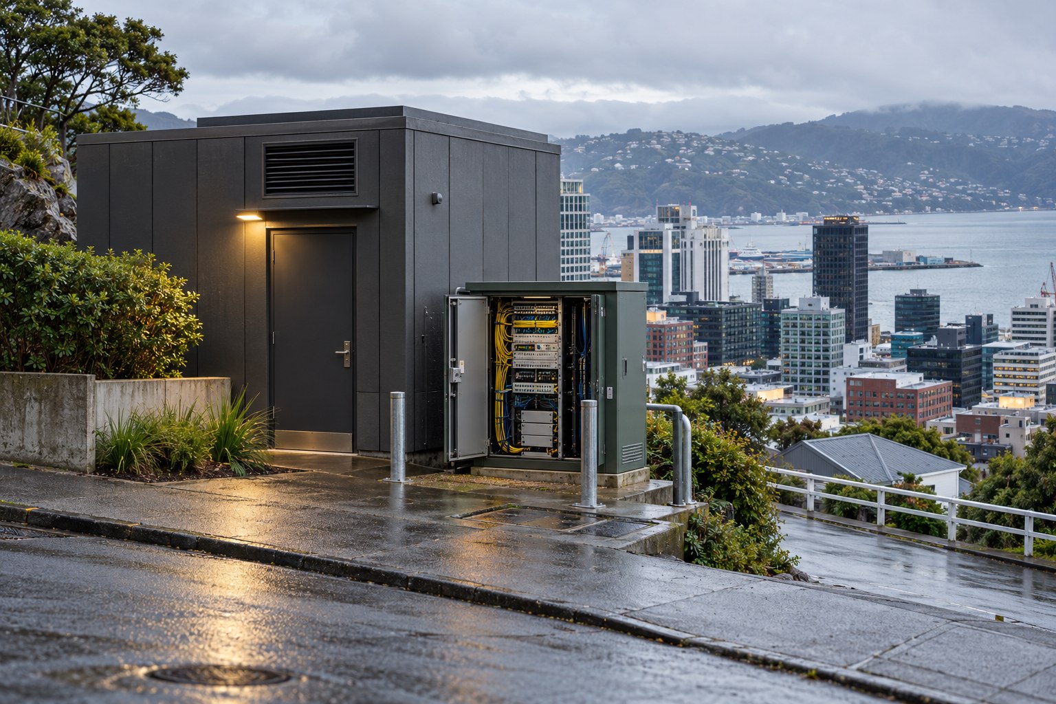 Rooftop electrical equipment above an urban skyline