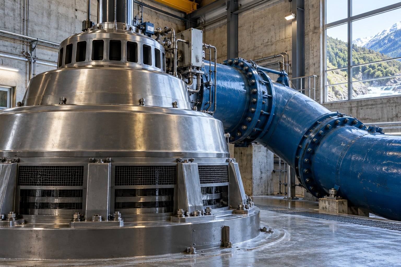 Large turbine and pipework inside an energy facility