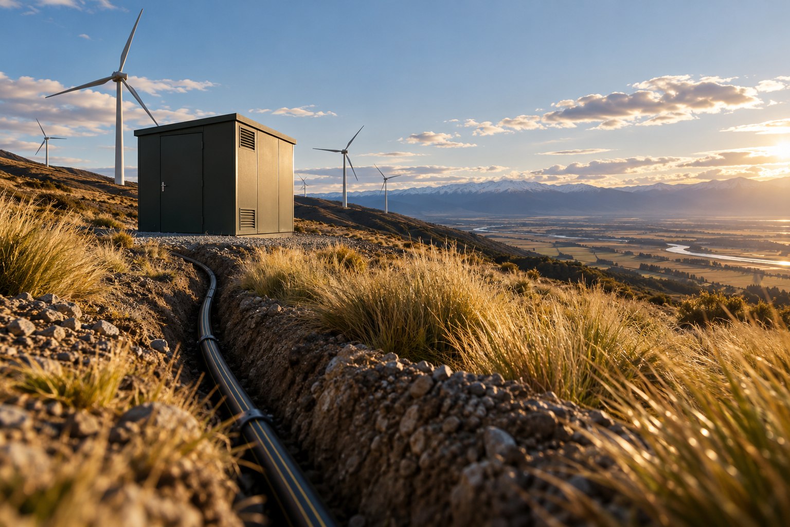 Energy infrastructure crossing a rural hillside at sunset