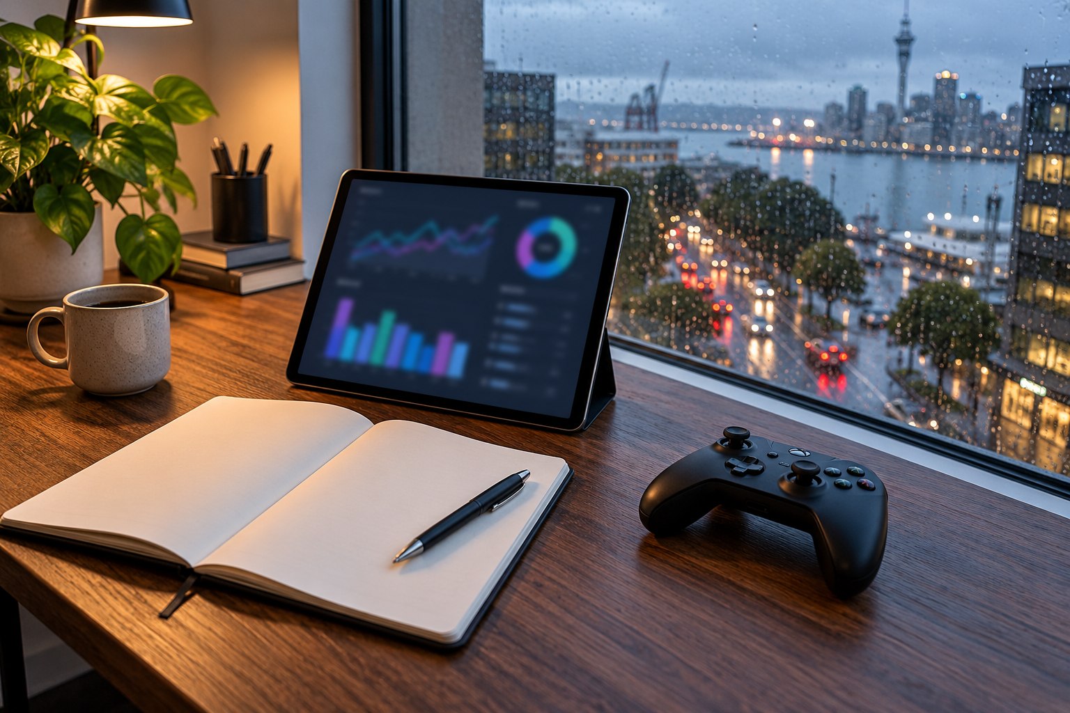 Tablet displaying a chart beside a game controller and notebook