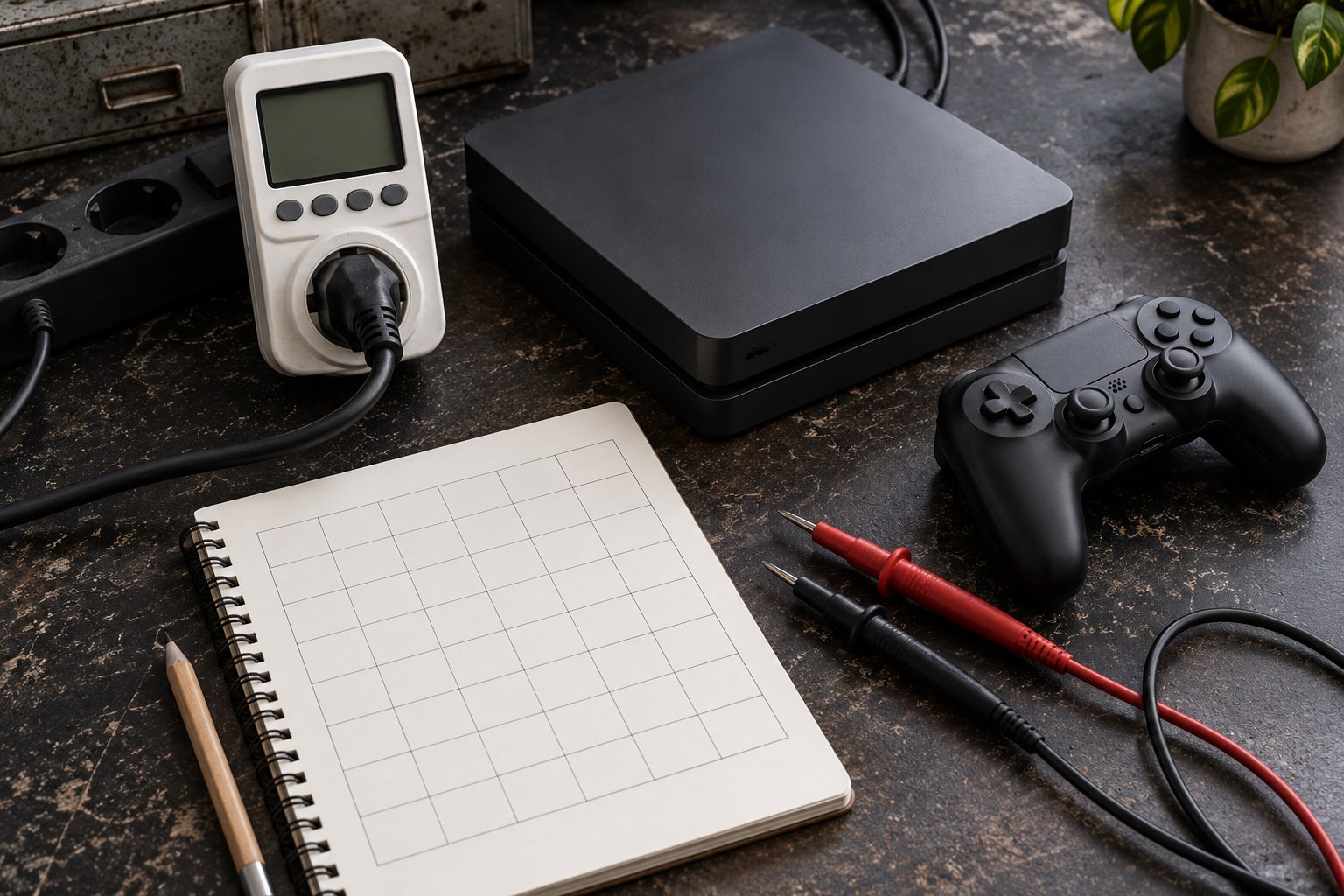 Power meter and game console beside a handwritten tracking sheet
