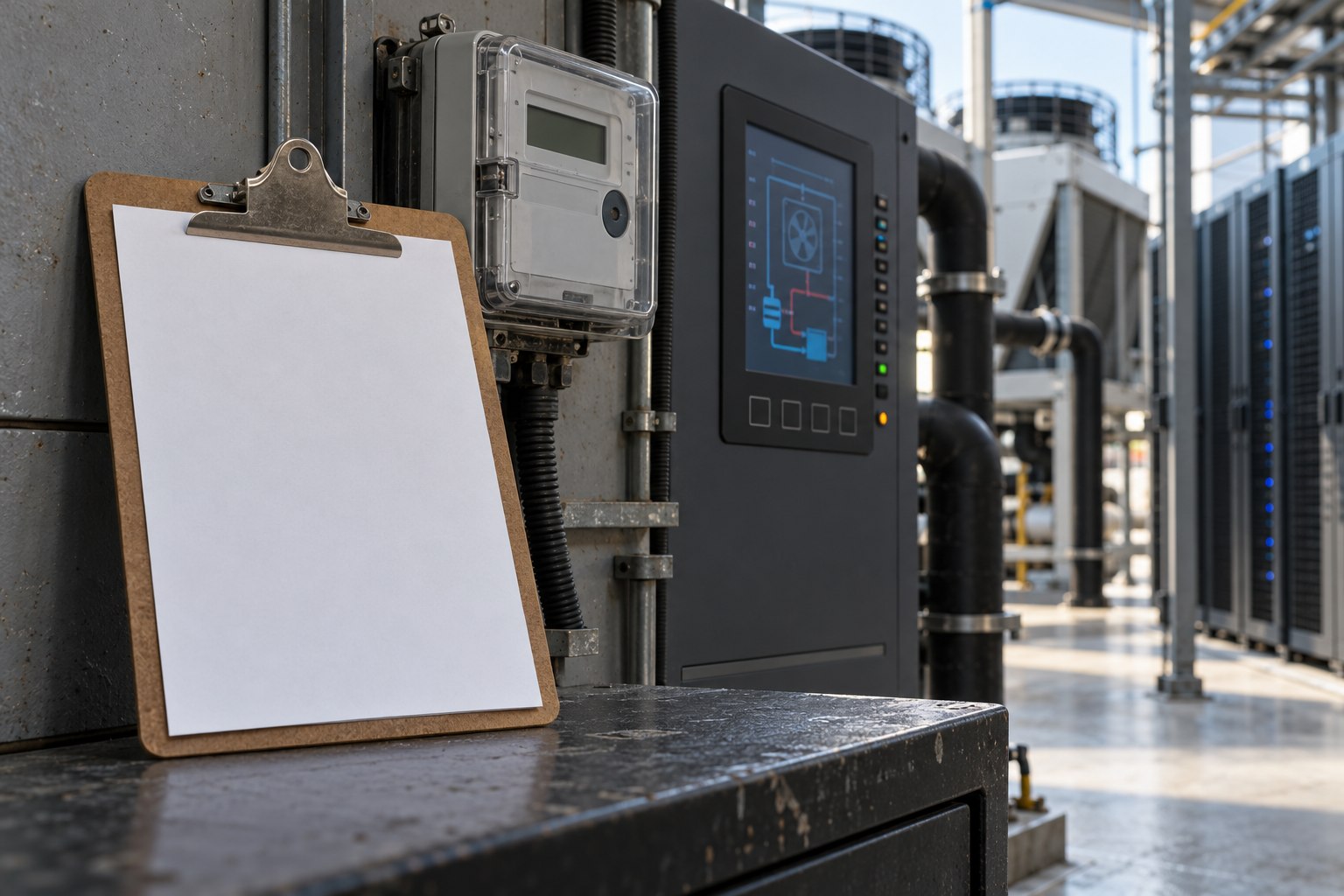 Inspection clipboard and meter beside industrial equipment