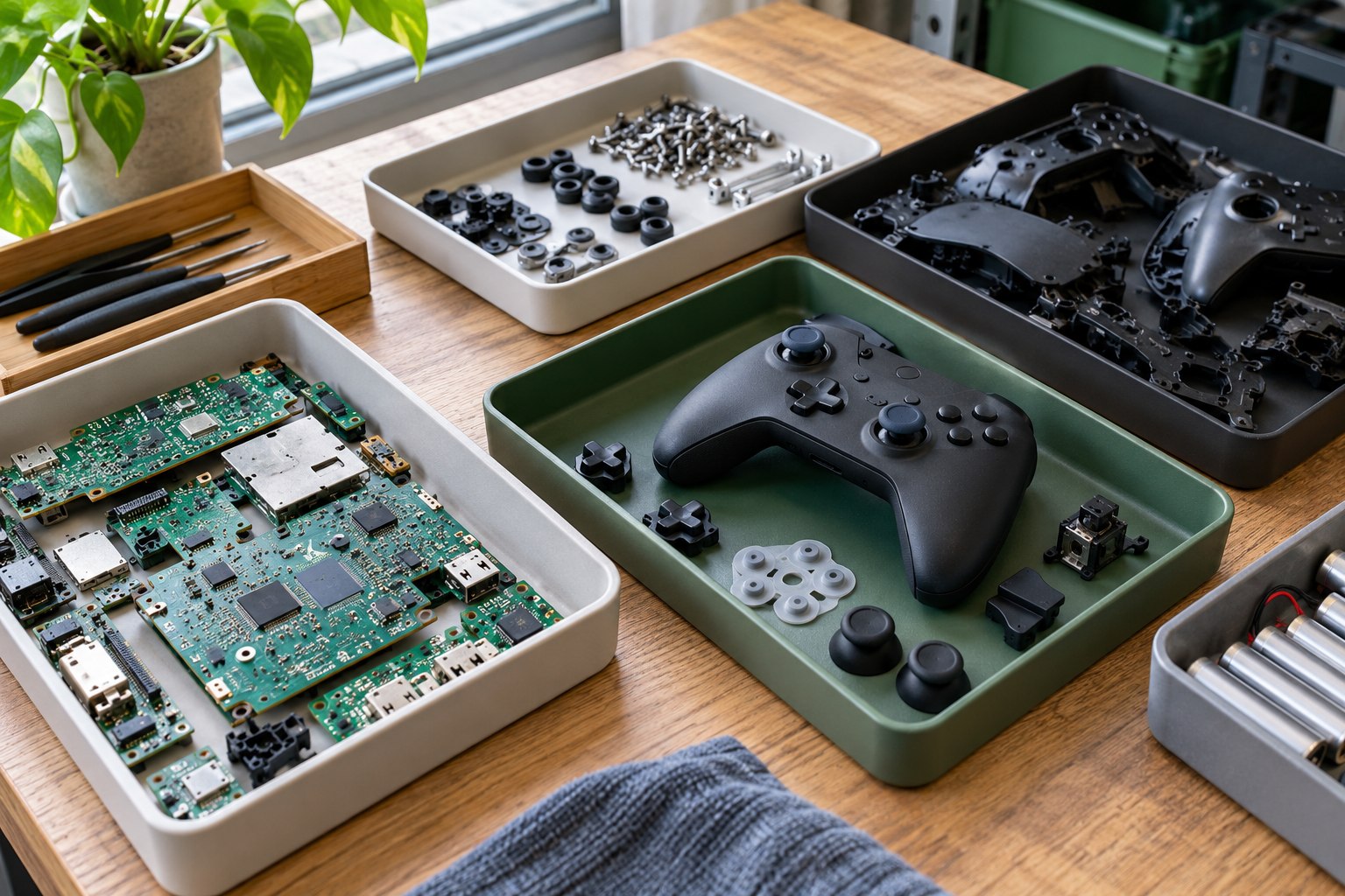 Disassembled game controller parts arranged for repair