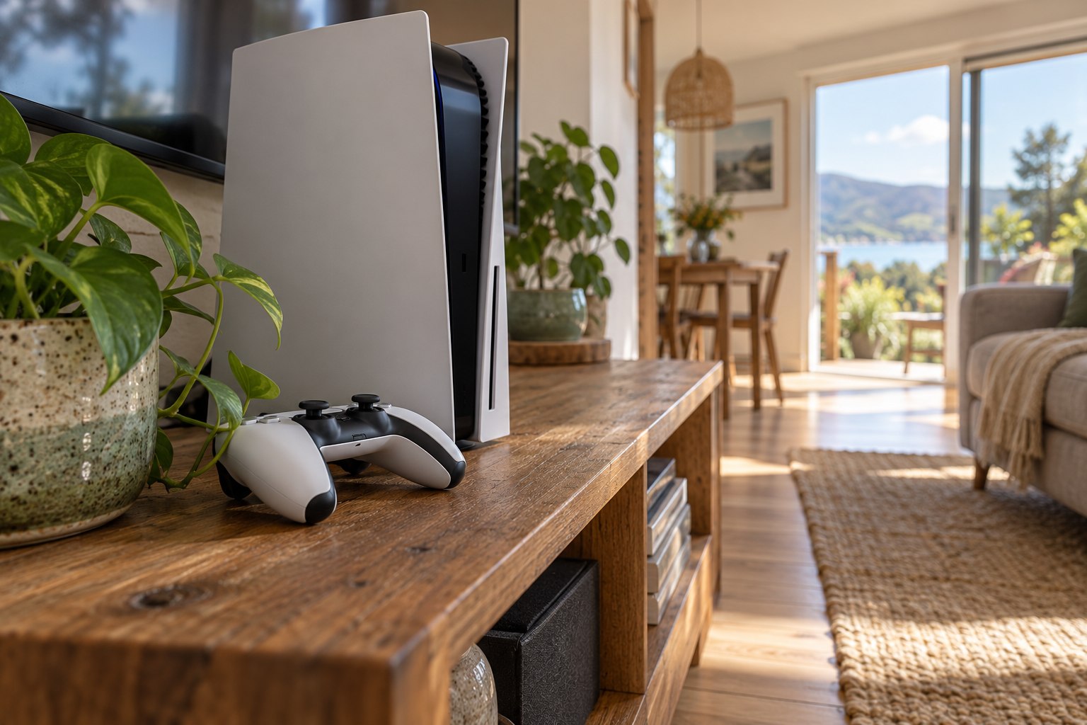 Game console and controller on a media unit beside a bright window