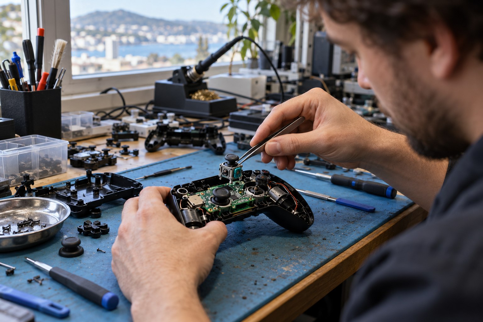 Technician opening a game controller on a repair bench