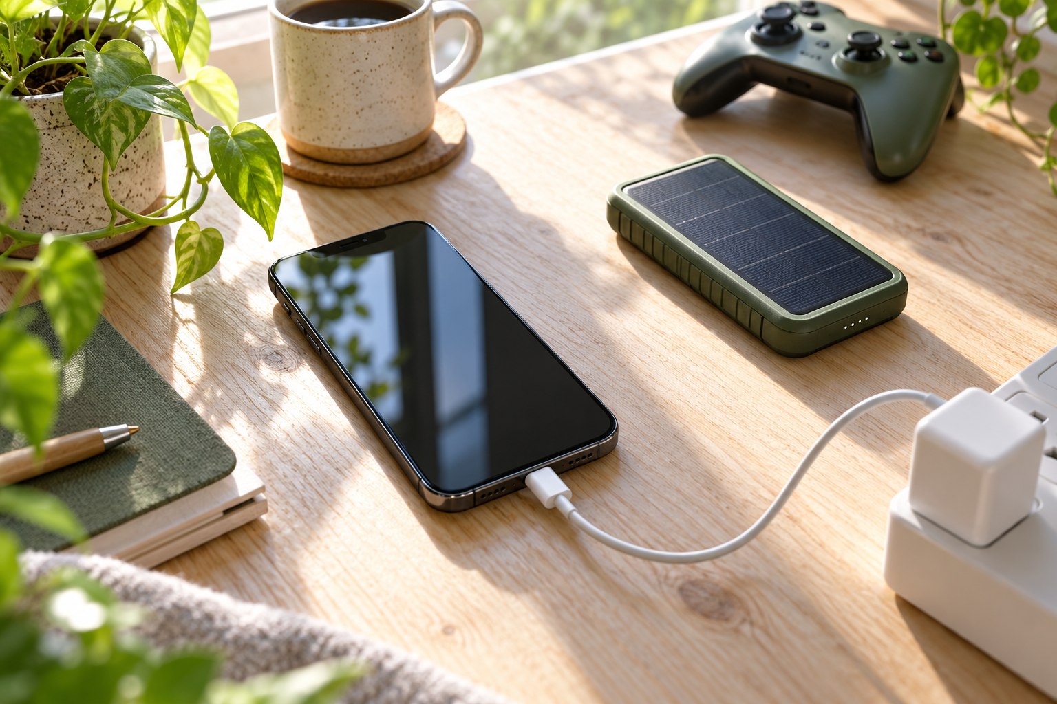 Smartphone, game controller and charging cable on a sunlit desk