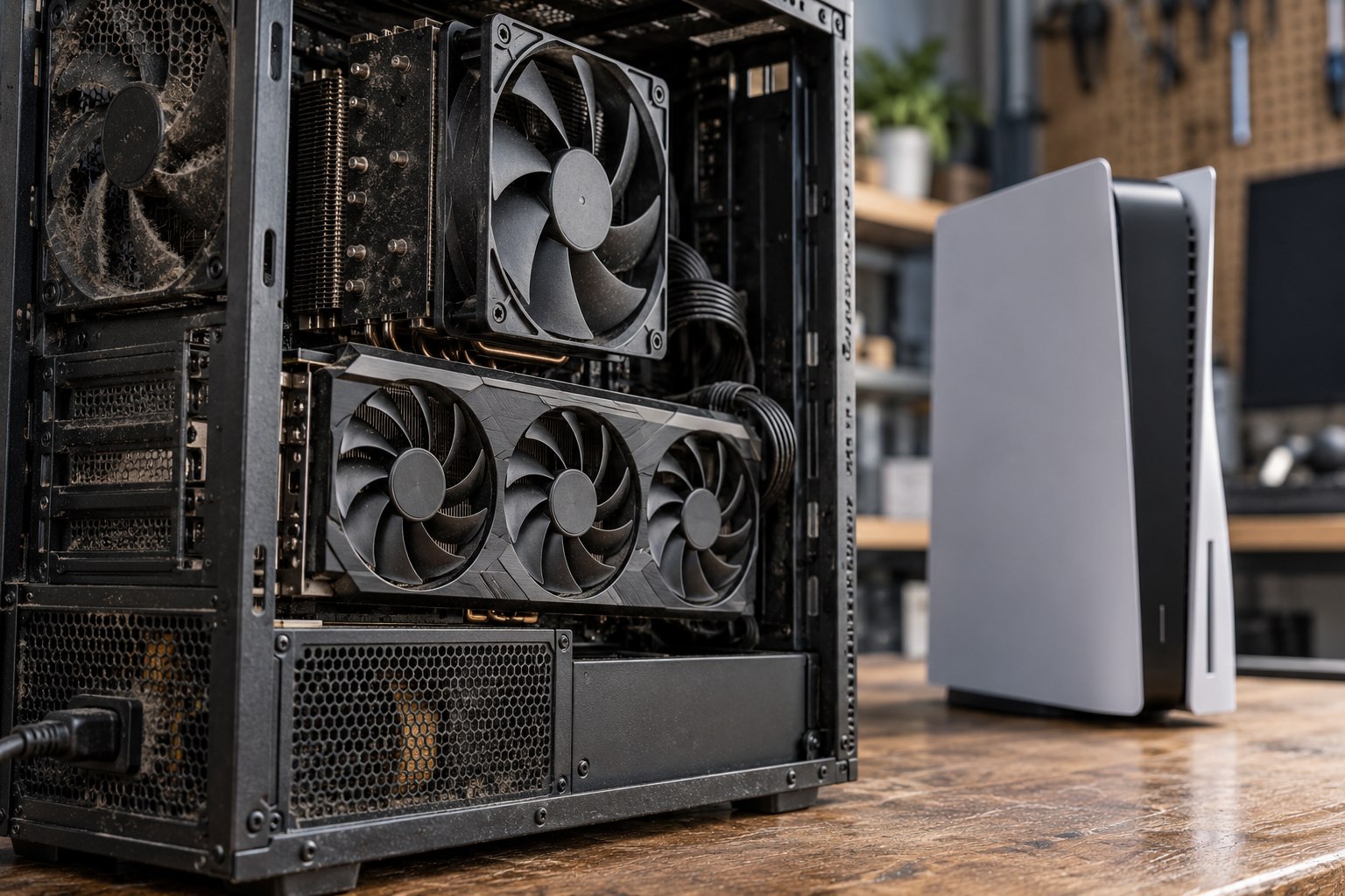 Gaming PC tower and console positioned side by side